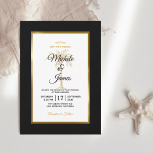 Convites Casamento Moderno Preto Branco Palmeira Dourada