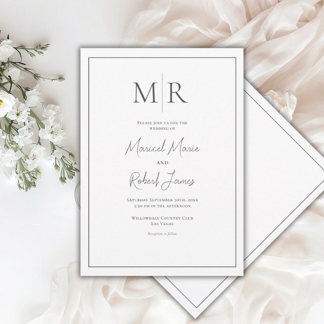Convites Casamento Moderno Preto e Branco com Monograma Ele (Criador carregado)