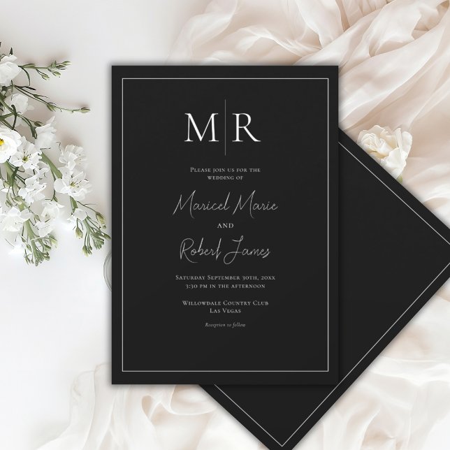 Convites Casamento Moderno Preto e Branco com Monograma Ele (Criador carregado)