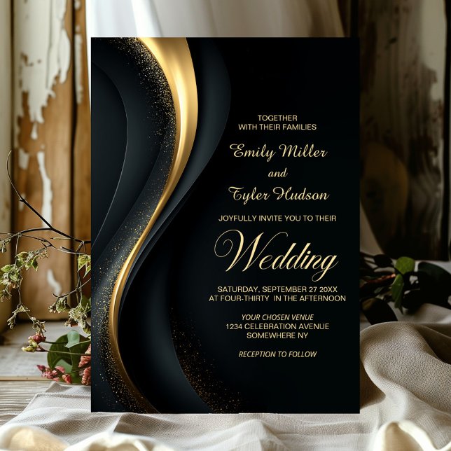Convites Casamento Moderno Preto e Dourado (Criador carregado)