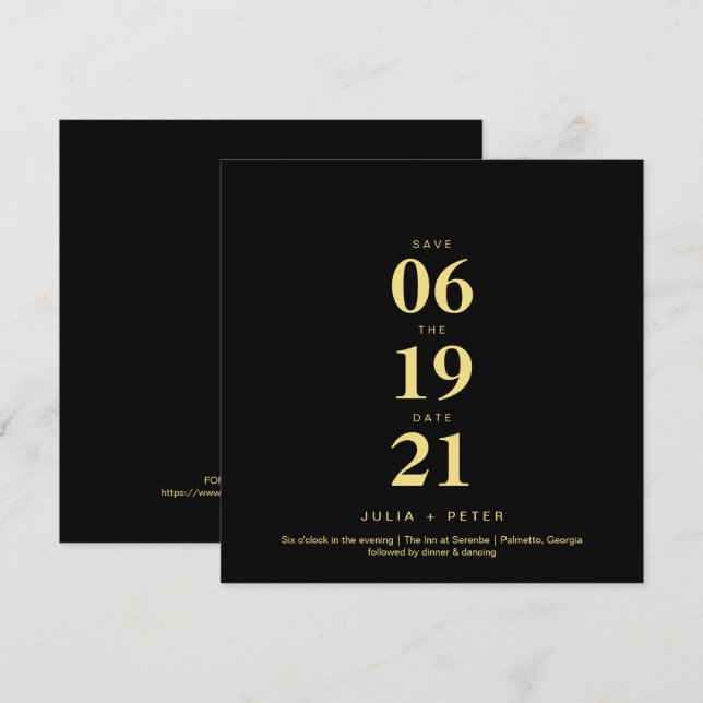 Convites Casamento Moderno Preto e Dourado Quadrado Save Th (Frente/Verso)