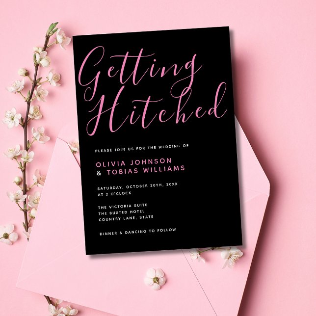 Convites Casamento Moderno Preto e Rosa (Stylish black and pink script typography wedding invitation for the modern couple for minimal look.)