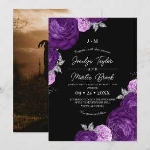 Convites Casamento Moderno Preto e Roxo com Flora Caprichos