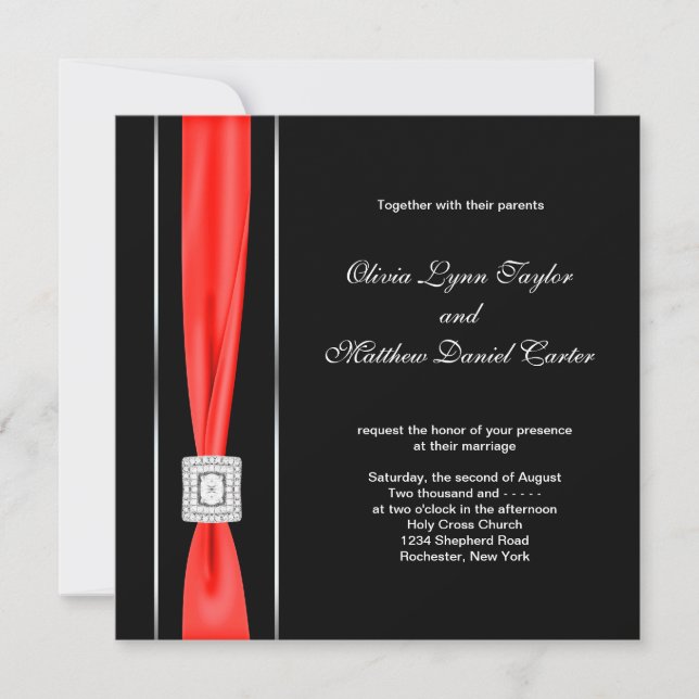 Convites Casamento Moderno Preto e Vermelho (Frente)