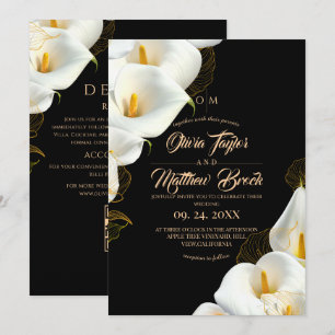 Convites Casamento Moderno Preto Elegante Floral Tudo em Um