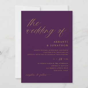 Convites Casamento Moderno Romântico Ameixa Roxo e Dourado