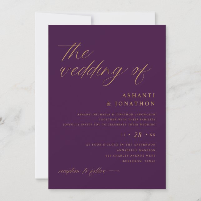 Convites Casamento Moderno Romântico Ameixa Roxo e Dourado (Frente)