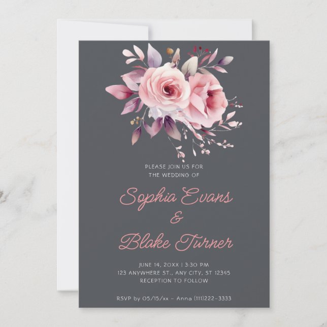 Convites Casamento Moderno Romântico com Rosas Pink e Grafi (Frente)