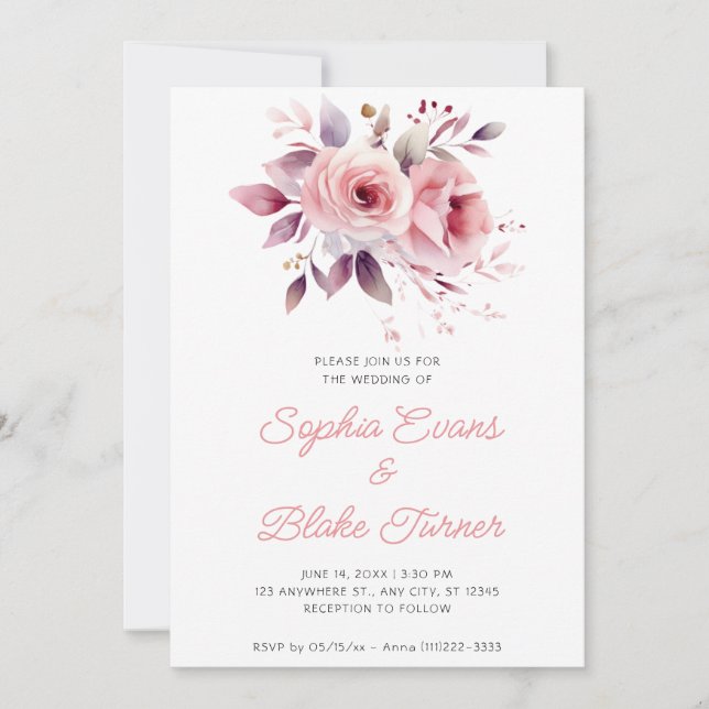Convites Casamento Moderno Romântico com Rosas Rosa e Branc (Frente)