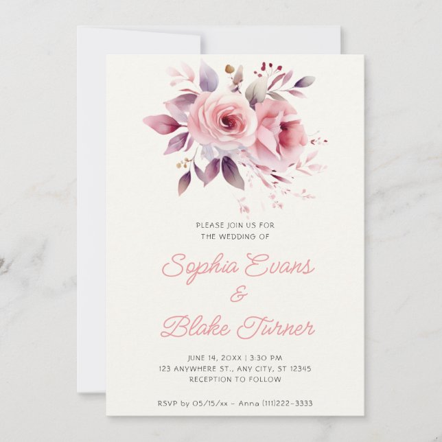 Convites Casamento Moderno Romântico com Rosas Rosa e Creme (Frente)