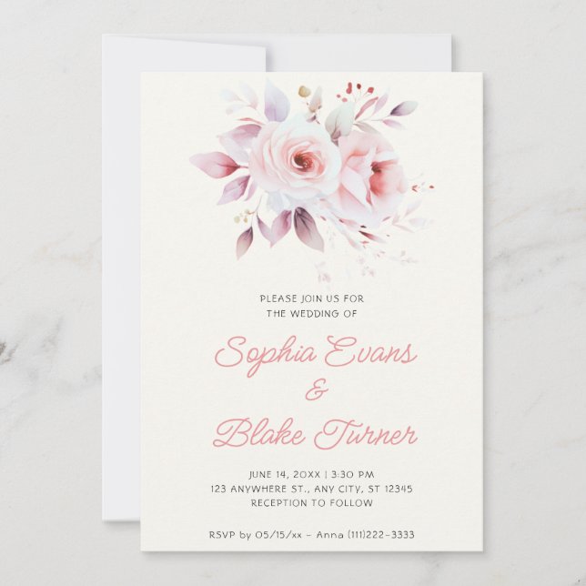 Convites Casamento Moderno Romântico com Rosas Rosa e Creme (Frente)