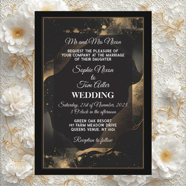 Convites Casamento Moderno Romântico Mínimo com Brilho Dour (Romantic Minimal Black Gold Glitter Modern Wedding Invitation)