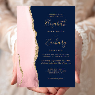 Convites Casamento Moderno Rosa Bege Dourado Ágata Azul Mar