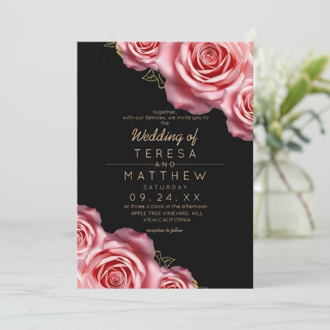 Convites Casamento Moderno Rosa e Preto Floral (Em pé/Frente)