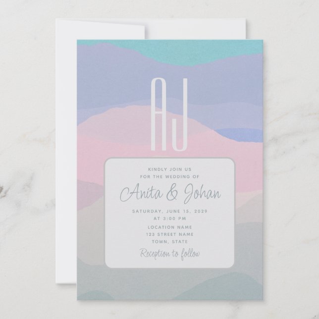 Convites Casamento Moderno Rosa Pastel e Azul Poeirento (Frente)