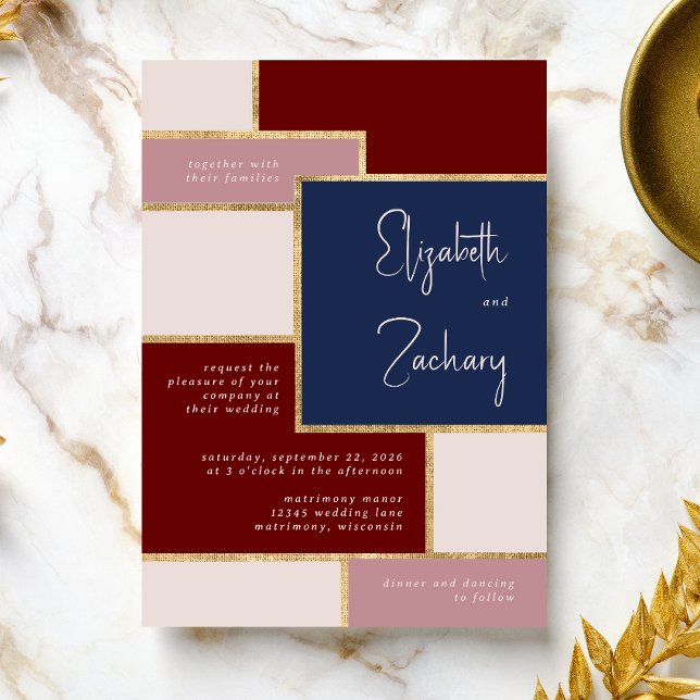 Convites Casamento Moderno Rosa Poeirento Borgonha Bege Dou (A unique choice for a modern burgundy, navy blue, blush and gold wedding palette.)