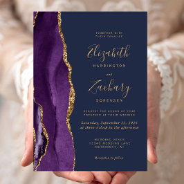 Convites Casamento Moderno Roxo Dourado Ágata Azul-Marinho