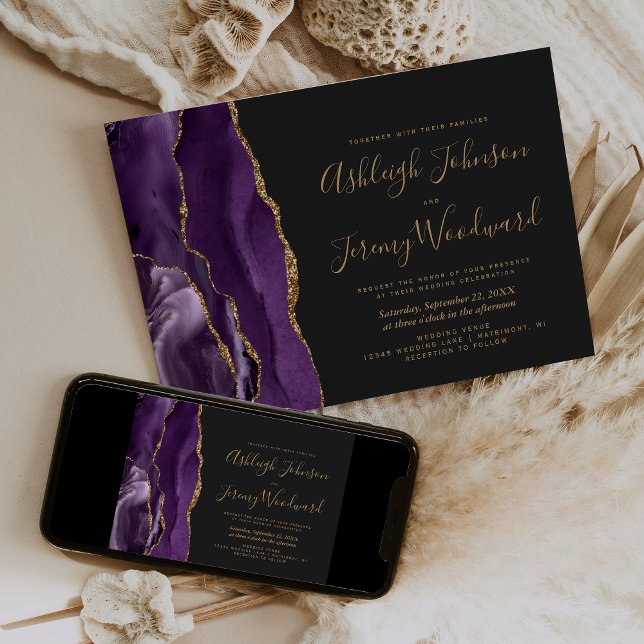 Convites Casamento Moderno Roxo Dourado Ágata Escuro (Criador carregado)