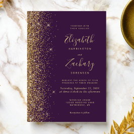 Convites Casamento Moderno Roxo Escuro Dourado com Brilho F