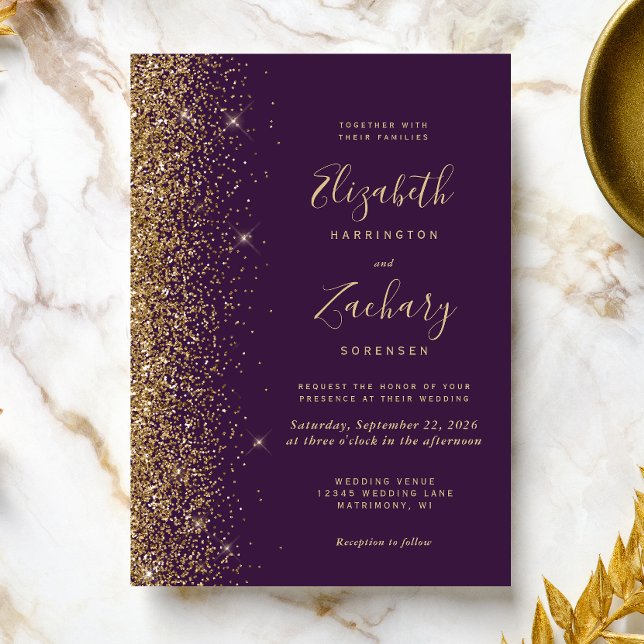 Convites Casamento Moderno Roxo Escuro Dourado com Brilho F (Criador carregado)
