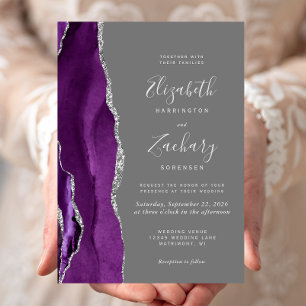 Convites Casamento Moderno Roxo Prata Ágata Cinza