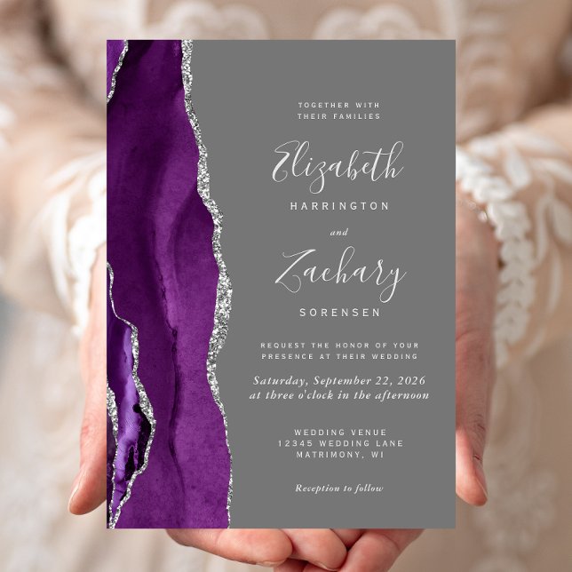 Convites Casamento Moderno Roxo Prata Ágata Cinza (Criador carregado)
