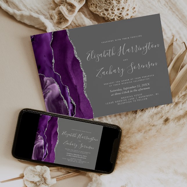 Convites Casamento Moderno Roxo Prata Ágata Cinza (Criador carregado)