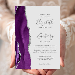 Convites Casamento Moderno Roxo Prata Ágata Cinza Claro