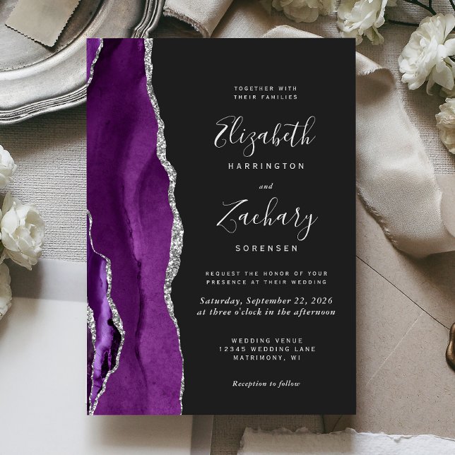 Convites Casamento Moderno Roxo Prata Ágata Escuro (The perfect choice for a purple and silver themed wedding.)