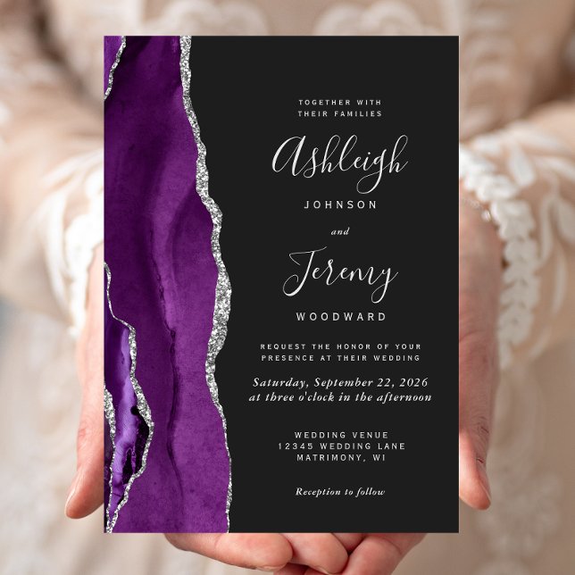 Convites Casamento Moderno Roxo Prata Ágata Escuro (Criador carregado)