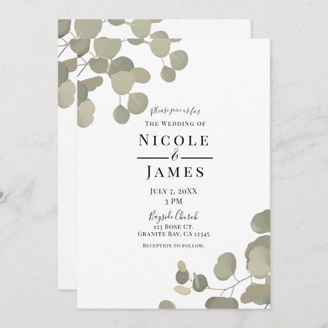 Convites Casamento Moderno Rustic Greenery Eucalyptus Elega (Frente/Verso)