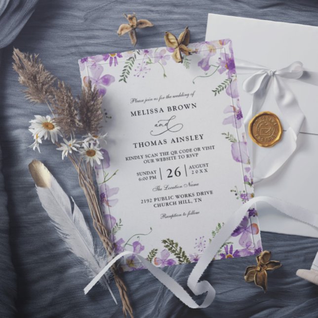 Convites Casamento Moderno Rústico com Flor Roxa Código QR  (Criador carregado)