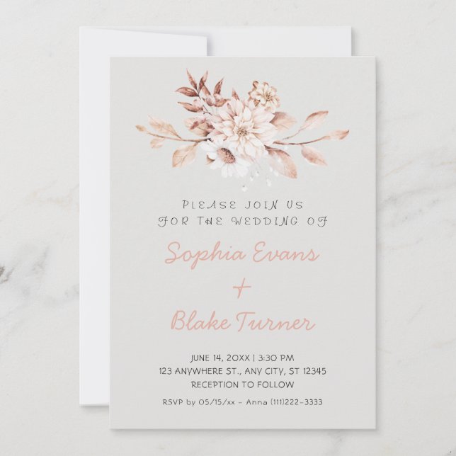 Convites Casamento Moderno Rústico com Floral Macio em Cinz (Frente)