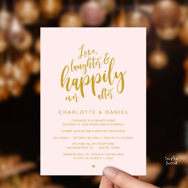 Convites Casamento Moderno Rústico Script Feliz Para Sempre (Modern Rustic Script Love Laughter and Happily Ever After Wedding Invitation Card in Gold Blush)