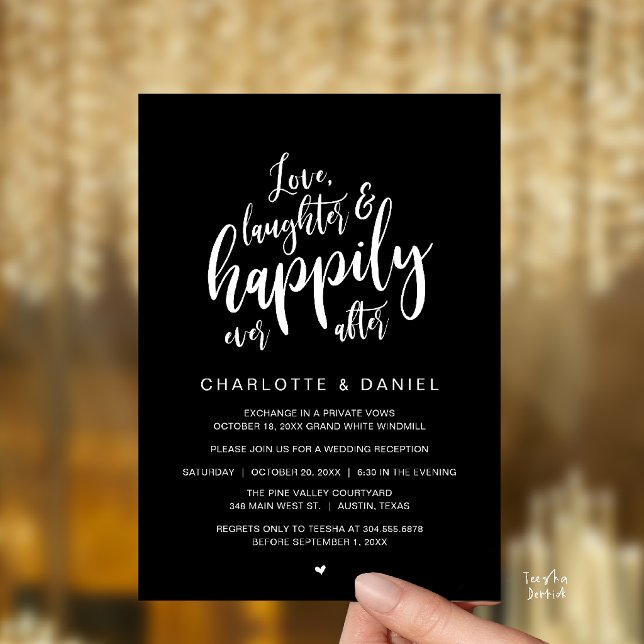 Convites Casamento Moderno Rústico Script Feliz Para Sempre (Modern Rustic Script Love Laughter and Happily Ever After Wedding Invitation Card in Classy Black)