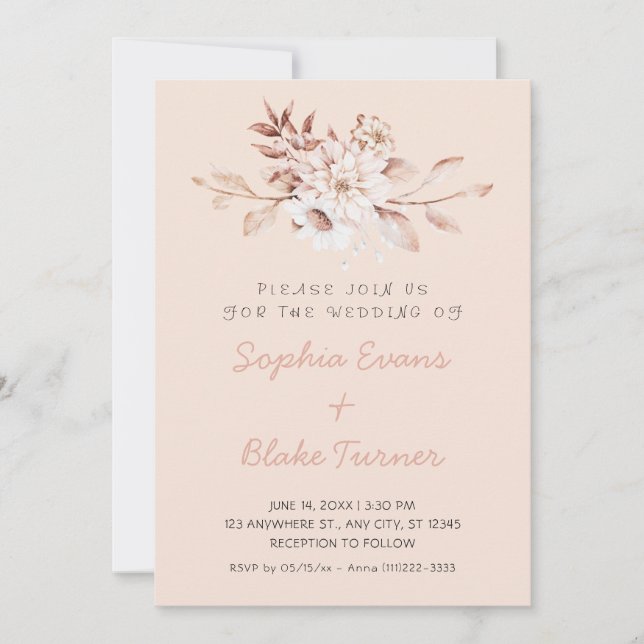 Convites Casamento Moderno Rústico Soft Floral Rosa Creme (Frente)