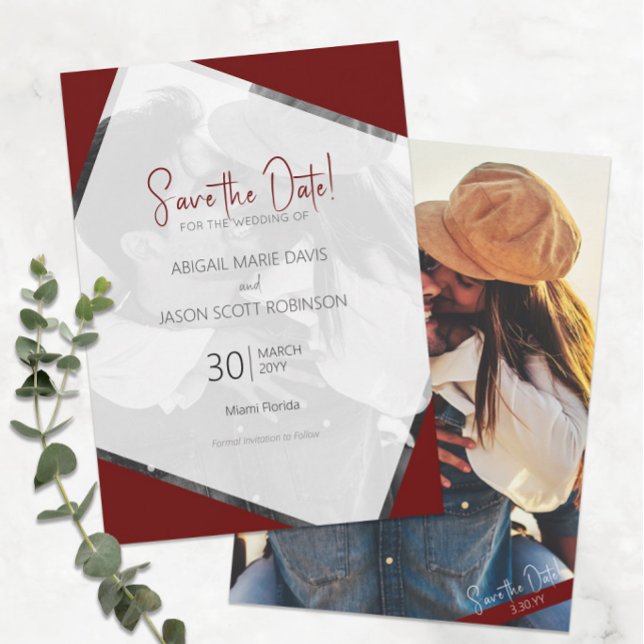 Convites Casamento Moderno Salve a Legância da Borda da Dat (Modern Minimalist Burgundy Wine Winter Wedding Save the Date with Full-Color Photo)