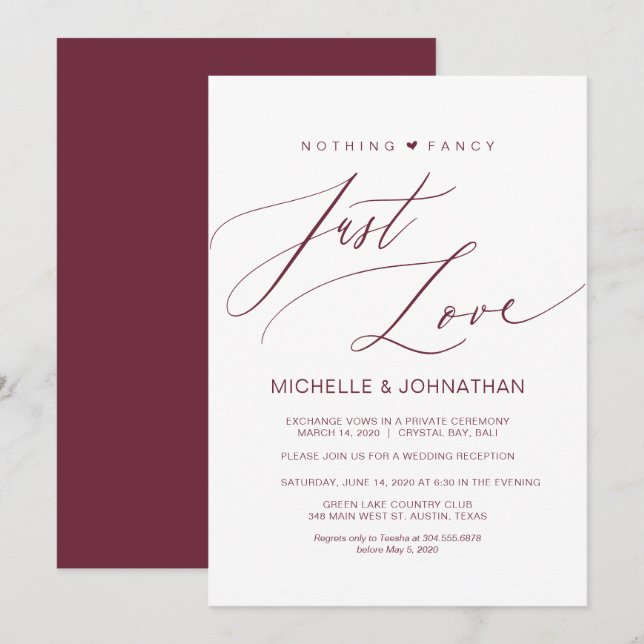 Convites Casamento Moderno Script Burgundy Fuga Recepção (Frente/Verso)