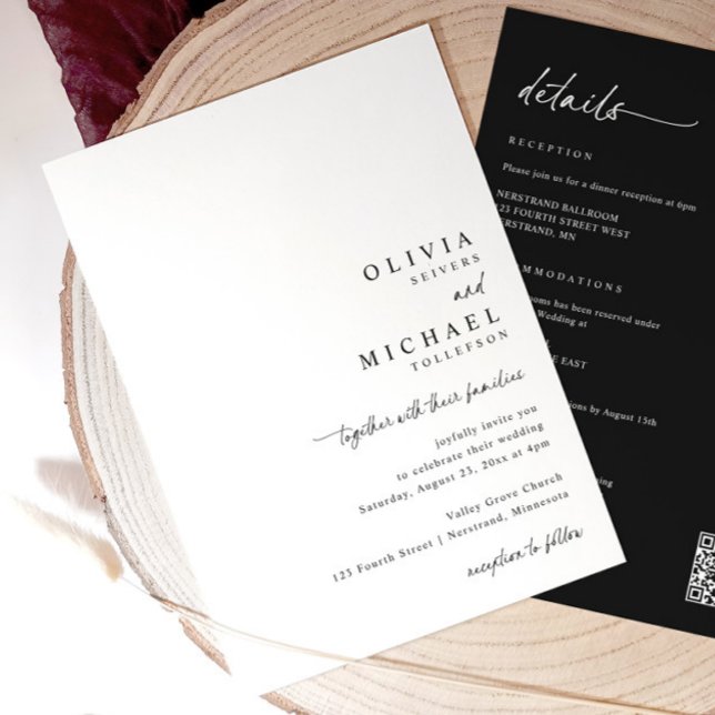 Convites Casamento Moderno Simples com Caligrafia Única (Minimalist black and white wedding invite with right-aligned handwritten script and QR code on back)