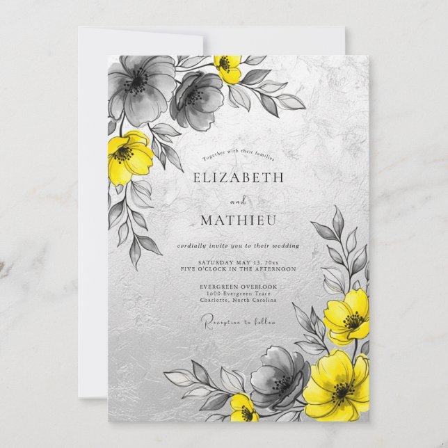 Convites Casamento Moderno Sofisticado com Carvão Amarelo (Frente)