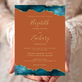 Convites Casamento Moderno Teal Dourado Ágata Laranja Queim