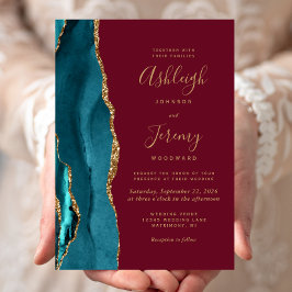 Convites Casamento Moderno Teal Ouro Ágata Burgundy