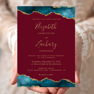 Convites Casamento Moderno Teal Ouro Ágata Burgundy