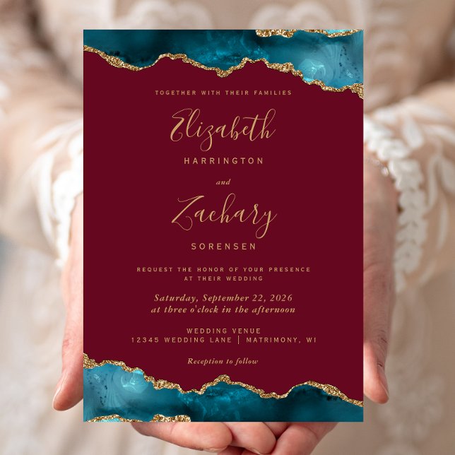 Convites Casamento Moderno Teal Ouro Ágata Burgundy (Criador carregado)