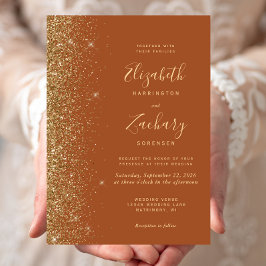 Convites Casamento Moderno Terracota com Relevo Dourado Fal