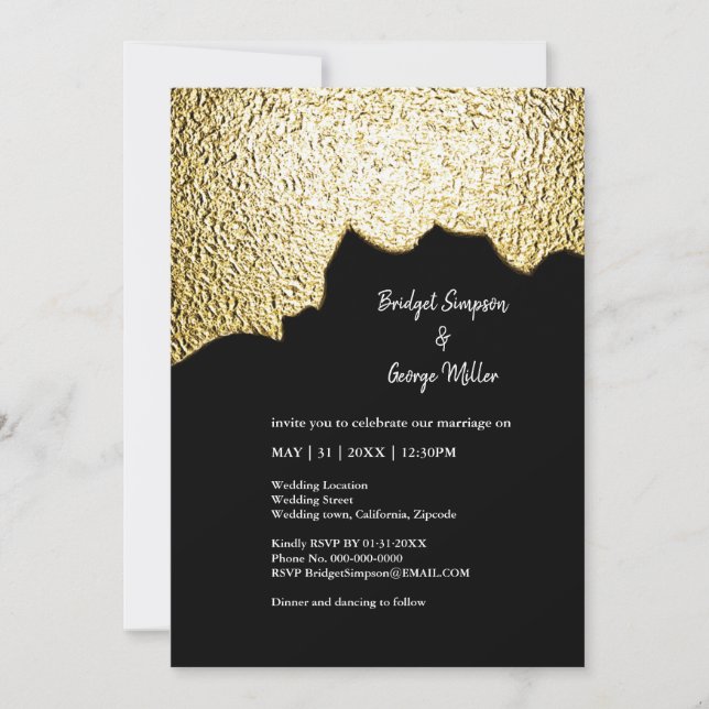 Convites Casamento Moderno Texturizado Dourado Negro de lux (Frente)