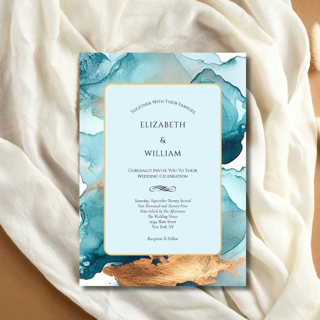 Convites Casamento Moderno Tinta Álcool Aguarela Dourado Tu (Teal Blue Gold Watercolor Wash Alcohol Ink Modern Elegant Wedding Invitation. Printed or Digital )