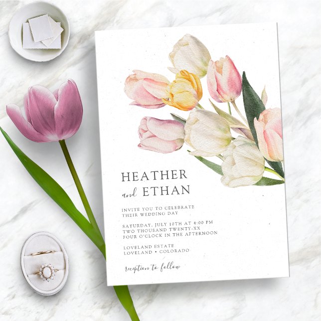Convites Casamento Moderno Tulipa (Elegant Watercolor Tulip Modern Wedding Invitation by Painted Paperie
)