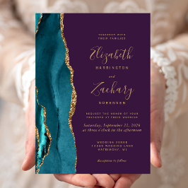 Convites Casamento Moderno Turquesa Dourado Ágata Roxo