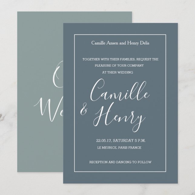 Convites Casamento moderno verde-azul-claro-elegante (Frente/Verso)